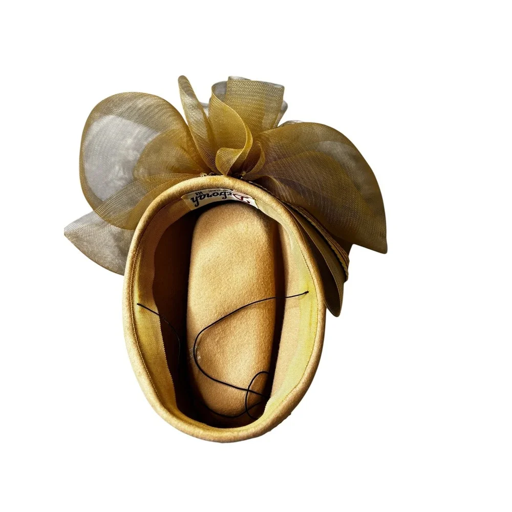 Deborah New York Vintage Pillbox Hat Tan Wool Felt Gold Organza Bow Sequin Trim
